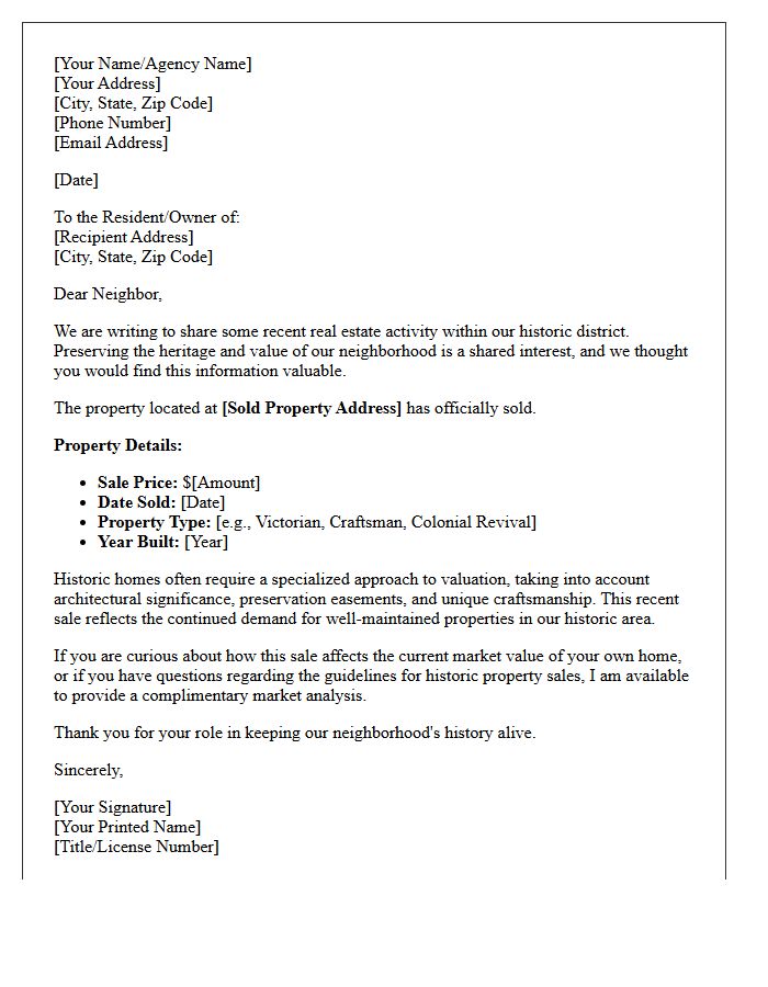 Historic Area Home Sold Information Letter