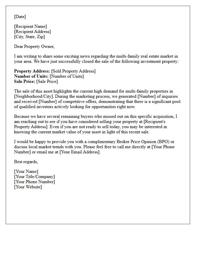 Just Sold Multi-Family Investment Property Letter