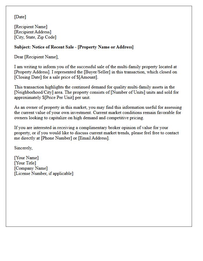 Recent Multi-Family Investment Sale Notification Letter