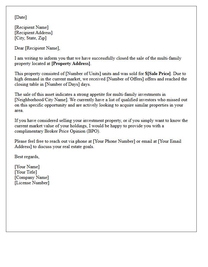 Just Sold Multi-Family Real Estate Investment Letter