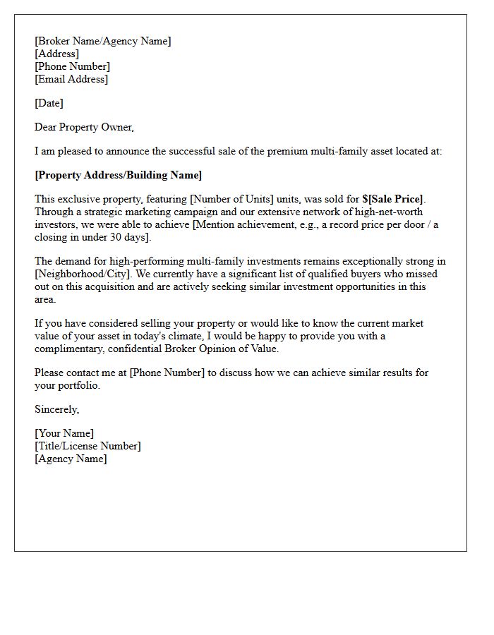 Premium Multi-Family Investment Sold Announcement Letter