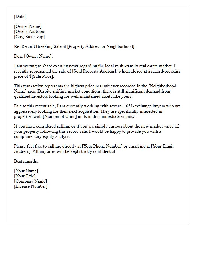 Record Price Multi-Family Investment Sold Letter
