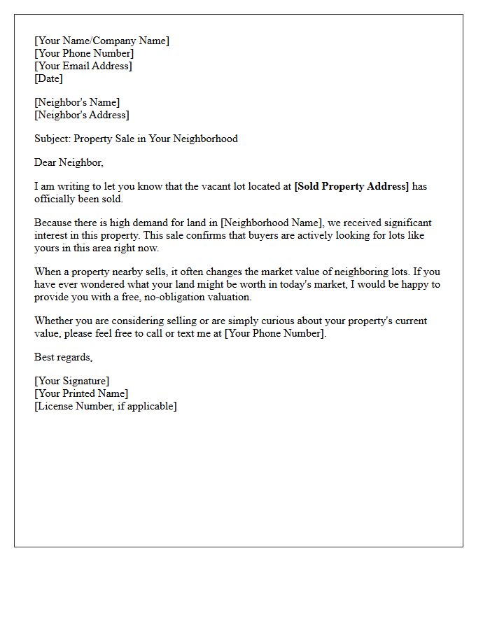 Just Sold Neighboring Vacant Land Lot Letter