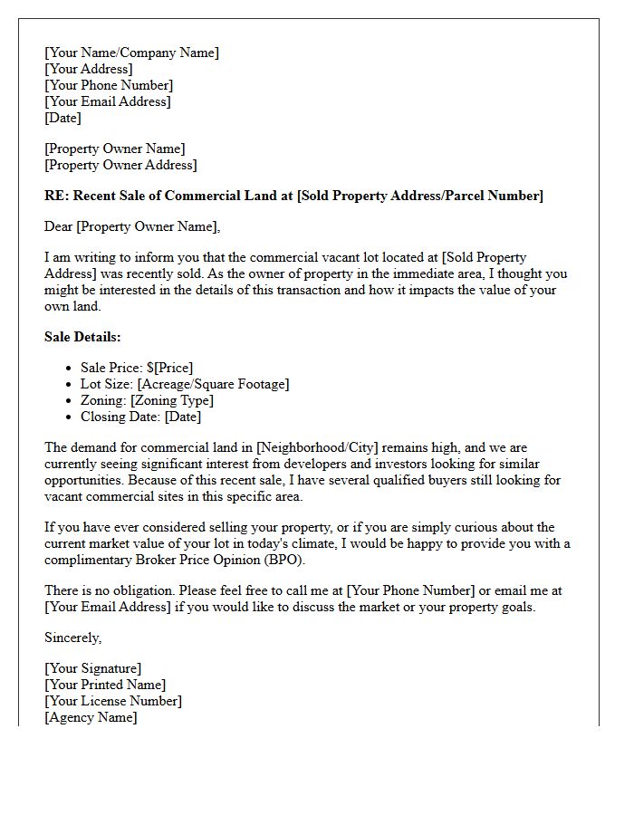Just Sold Commercial Vacant Land Lot Letter