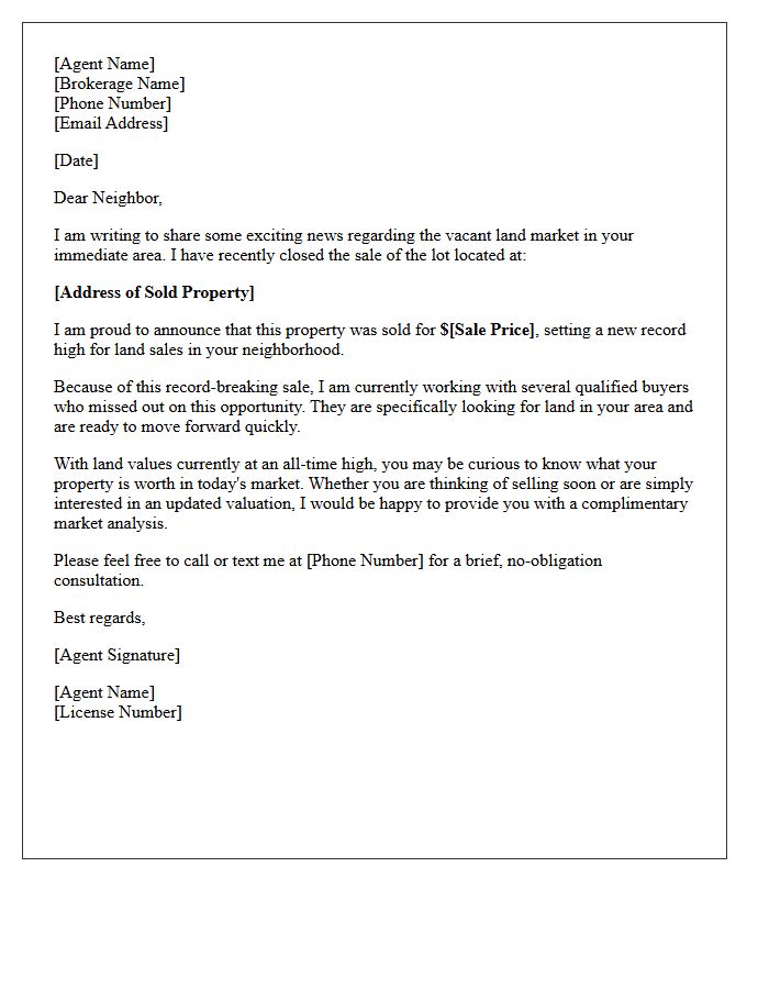 Just Sold Record Price Vacant Land Lot Letter