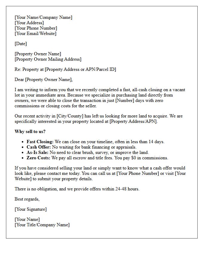 Just Sold Fast Closing Vacant Land Lot Letter