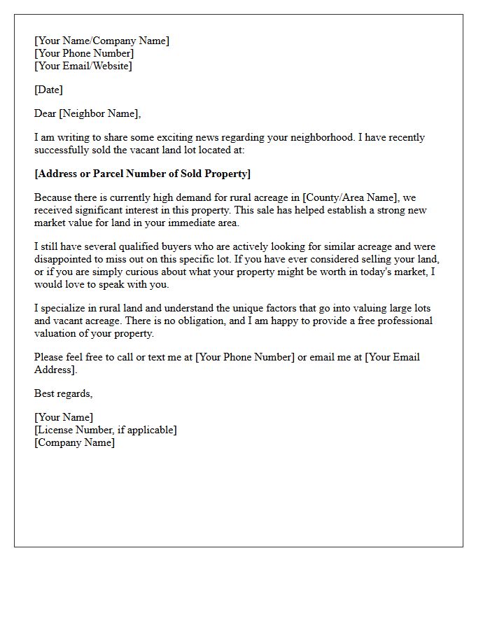 Just Sold Rural Acreage Vacant Land Lot Letter
