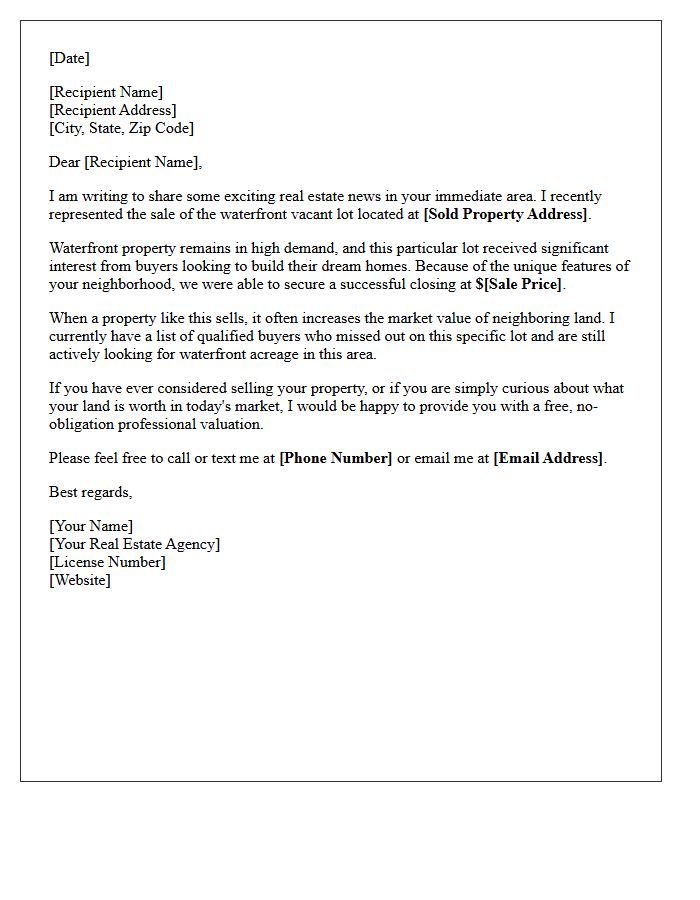 Just Sold Waterfront Vacant Land Lot Letter