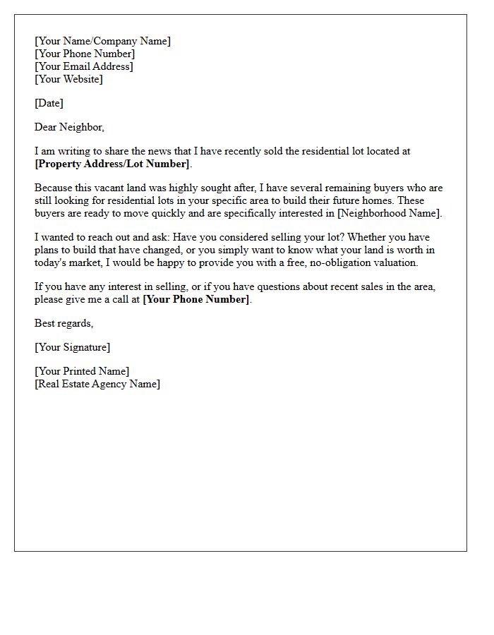Just Sold Residential Zoned Vacant Land Lot Letter