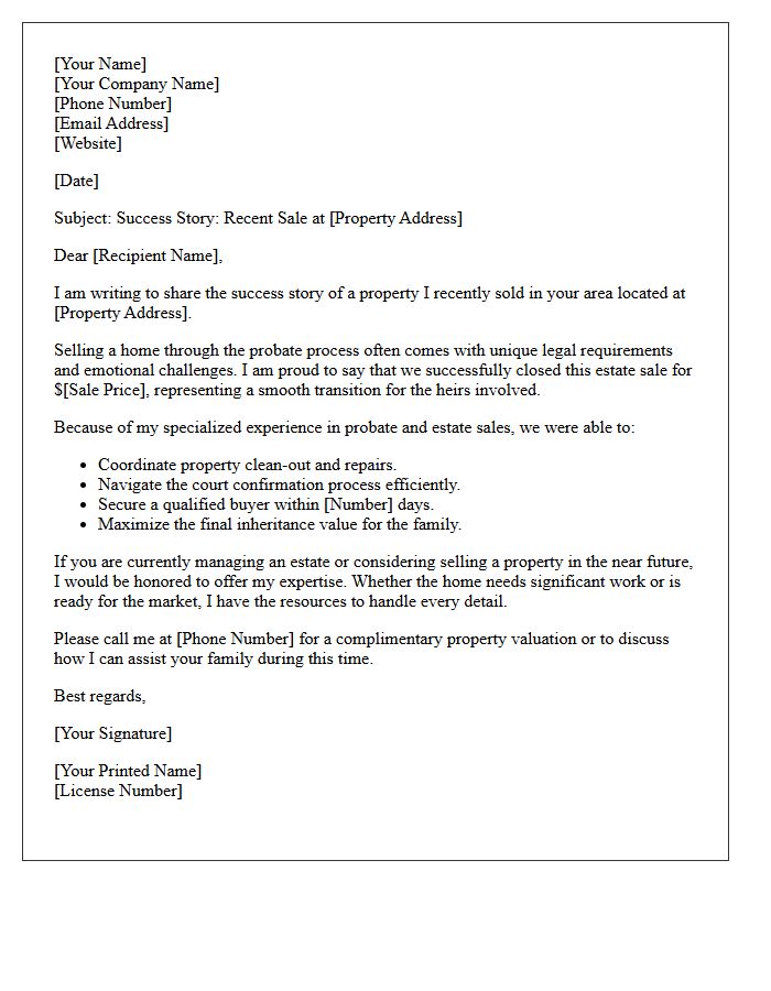 Just Sold Probate Estate Success Story Letter