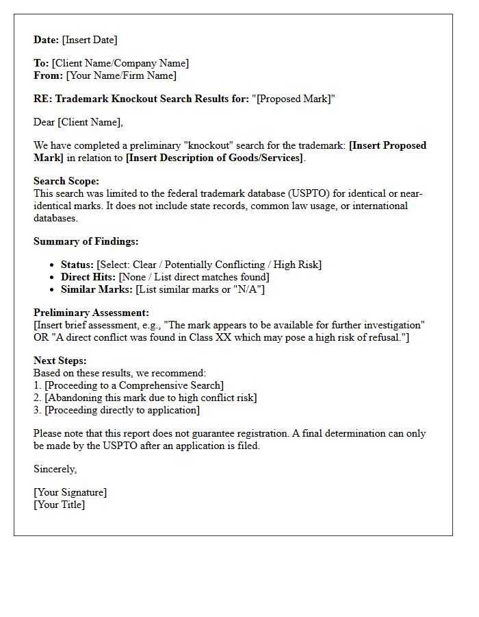 Knockout Search Trademark Availability Letter