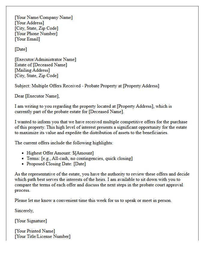 Multiple Offers Received Probate Estate Sold Letter