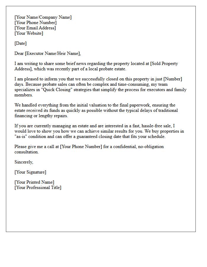 Quick Closing Probate Estate Just Sold Letter
