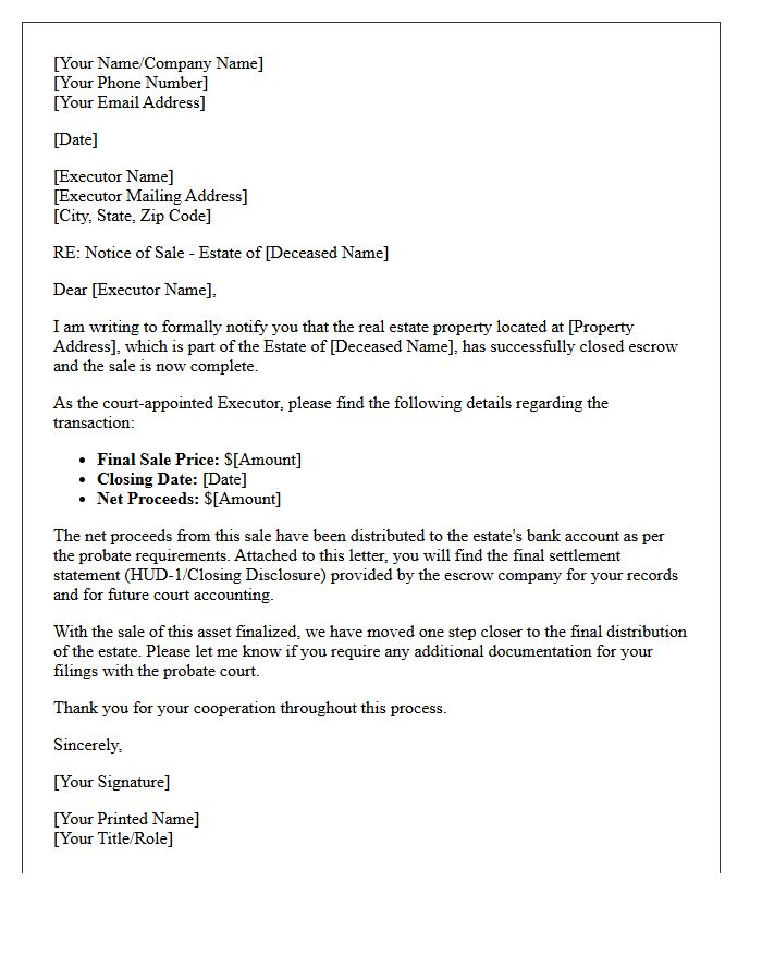Executor Approved Probate Estate Just Sold Letter