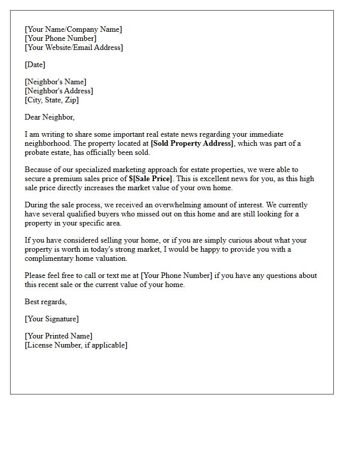 Top Dollar Neighborhood Probate Estate Sold Letter