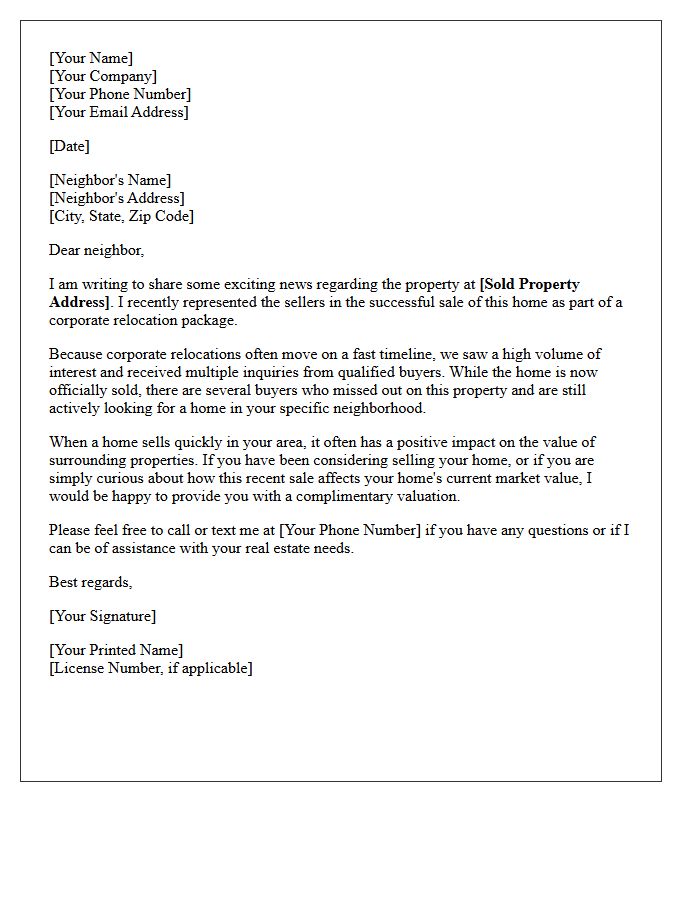 Just Sold Corporate Relocation Property Letter