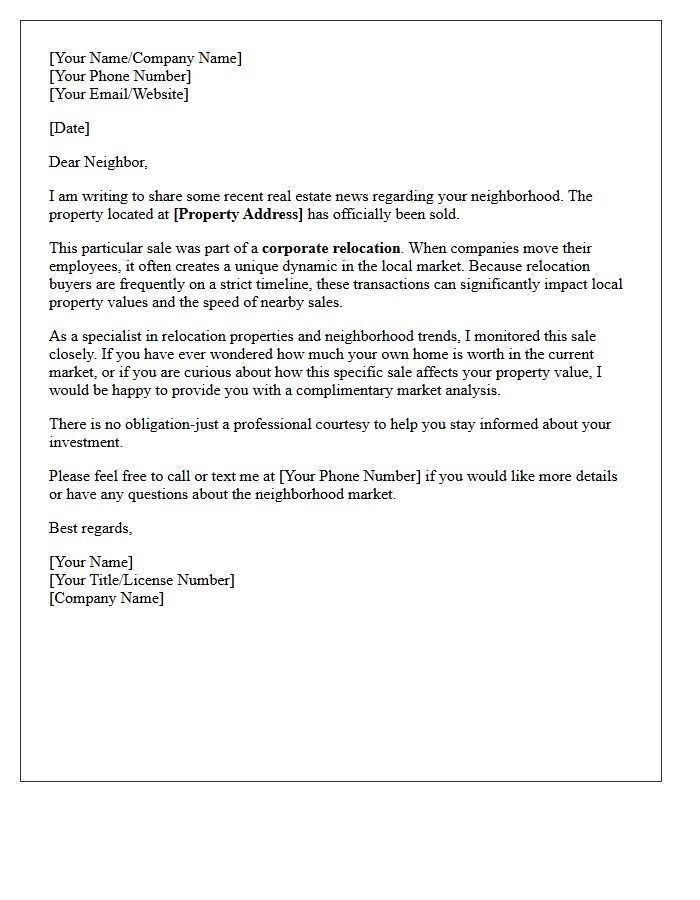 Neighborhood Corporate Relocation Property Sold Letter
