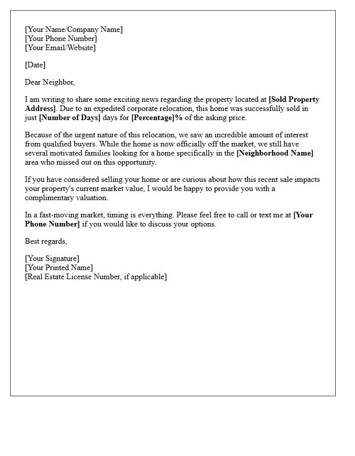 Expedited Corporate Relocation Home Just Sold Letter
