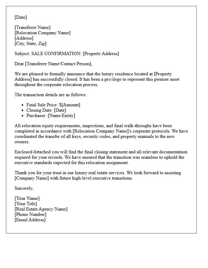 Luxury Corporate Relocation Property Sold Letter