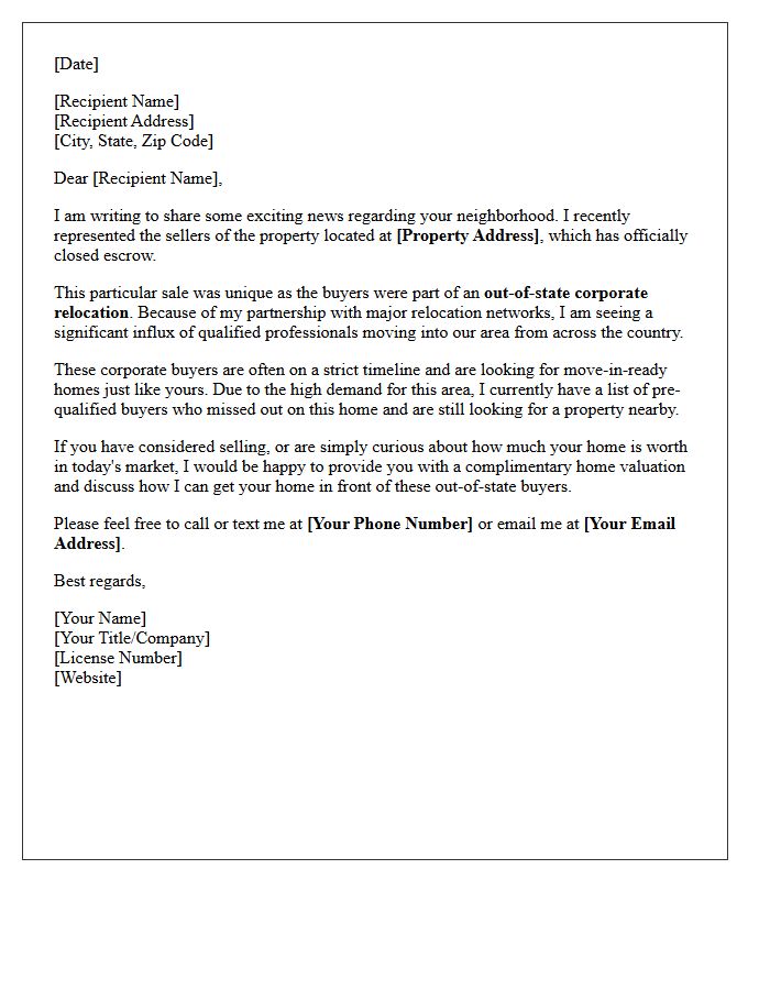 Out-of-State Corporate Relocation Just Sold Letter