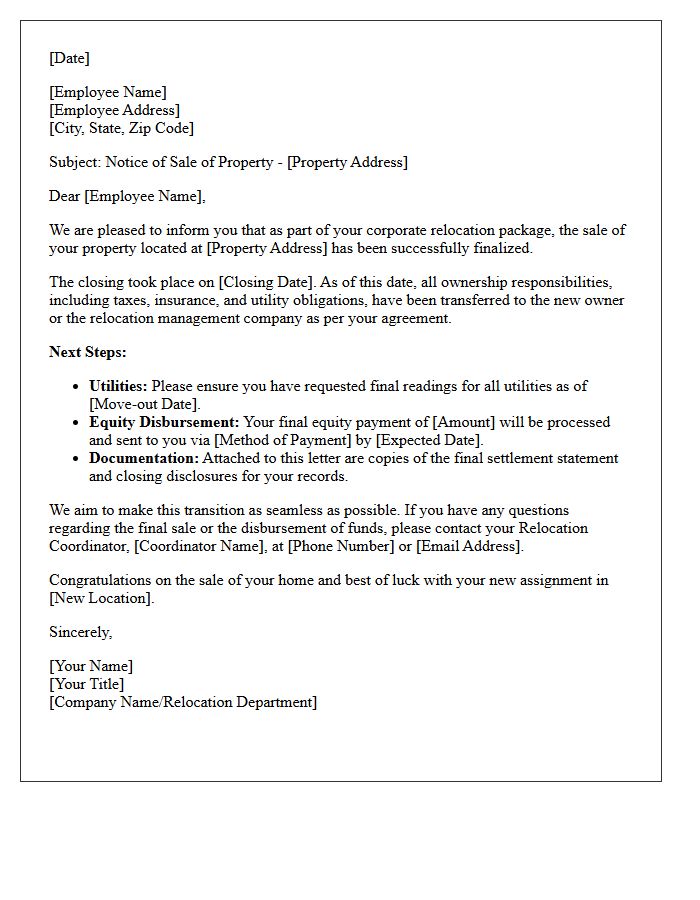 Seamless Corporate Relocation Property Sold Letter