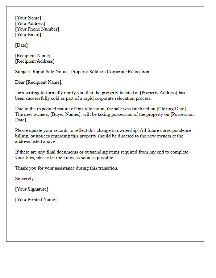Rapid Sale Corporate Relocation Home Sold Letter