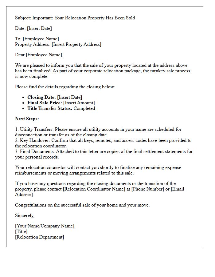 Turnkey Corporate Relocation Property Sold Letter