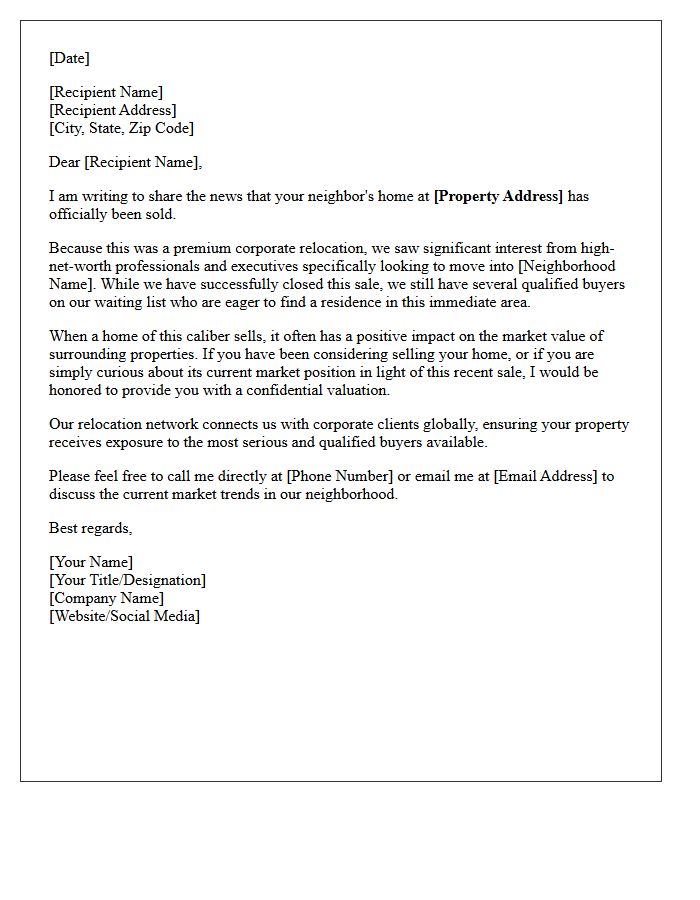 Premium Corporate Relocation Home Just Sold Letter