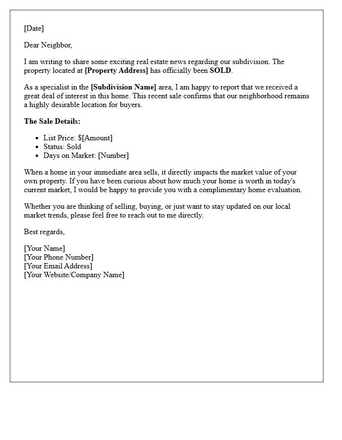 Just Sold Subdivision Update Letter