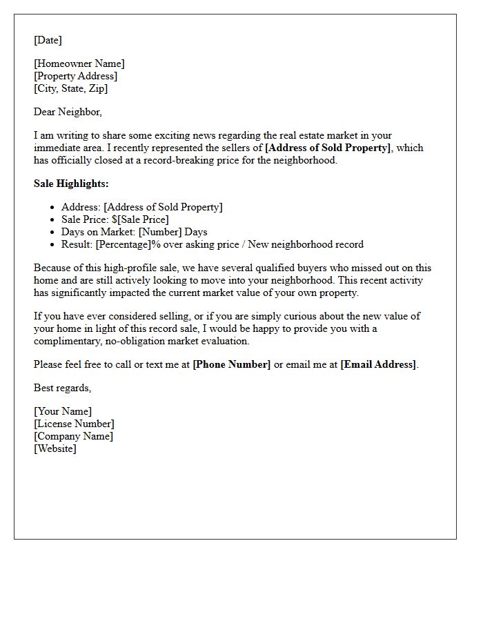 Recent Sale Neighborhood Record Letter