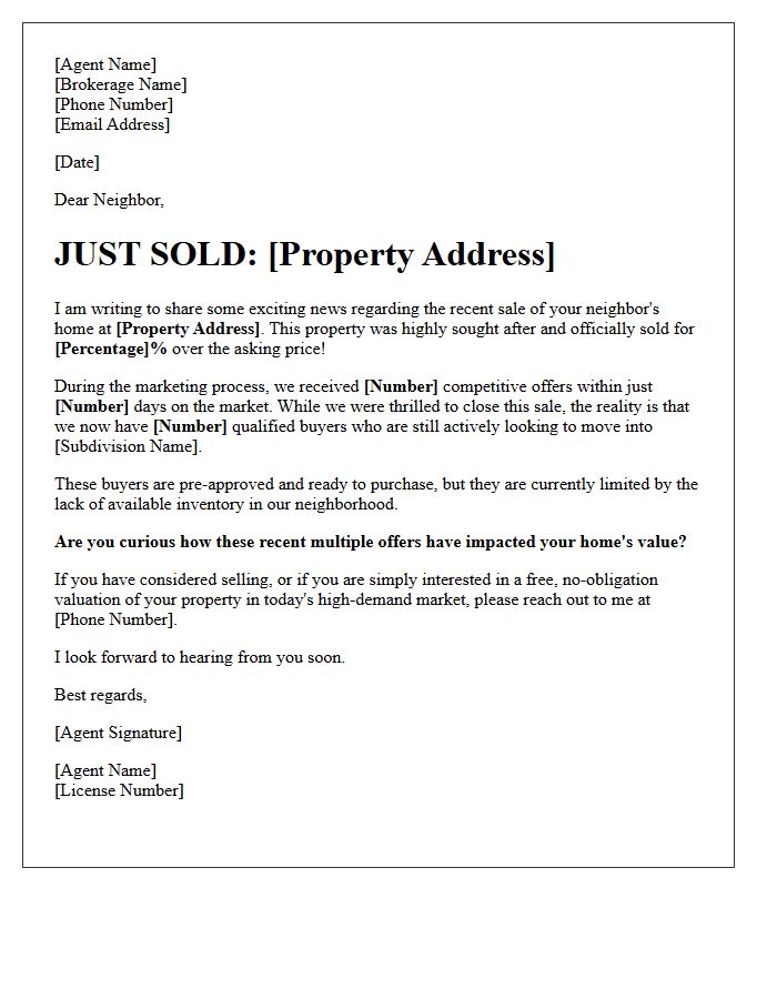 Multiple Offers Just Sold Subdivision Letter