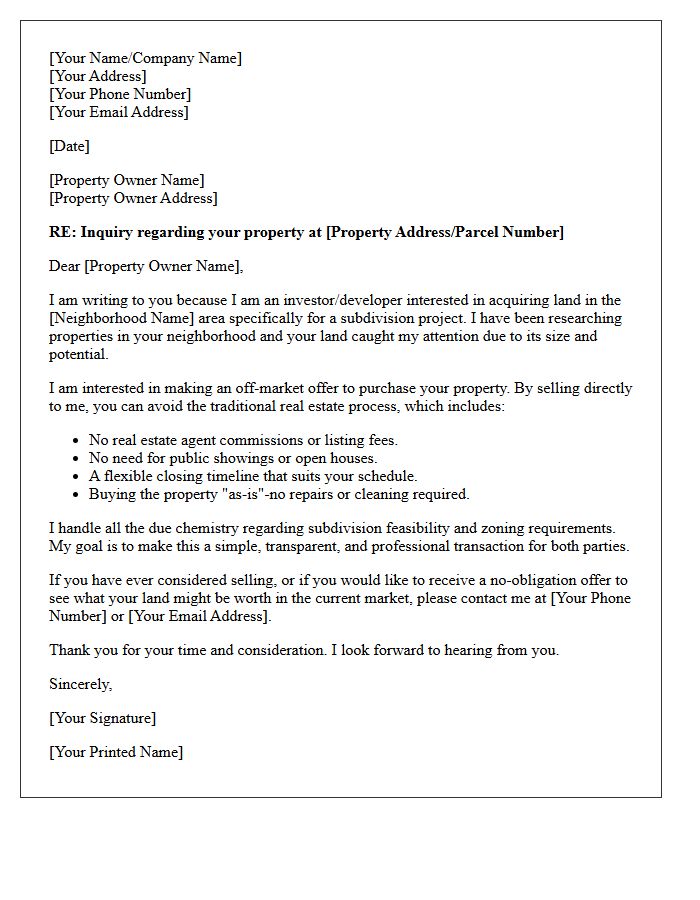 Off-Market Subdivision Sale Letter