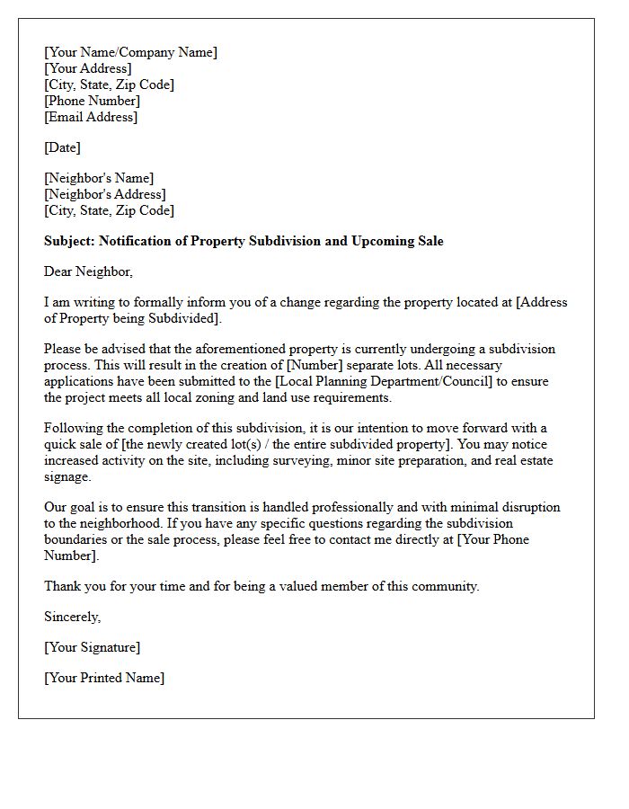 Quick Sale Subdivision Notification Letter