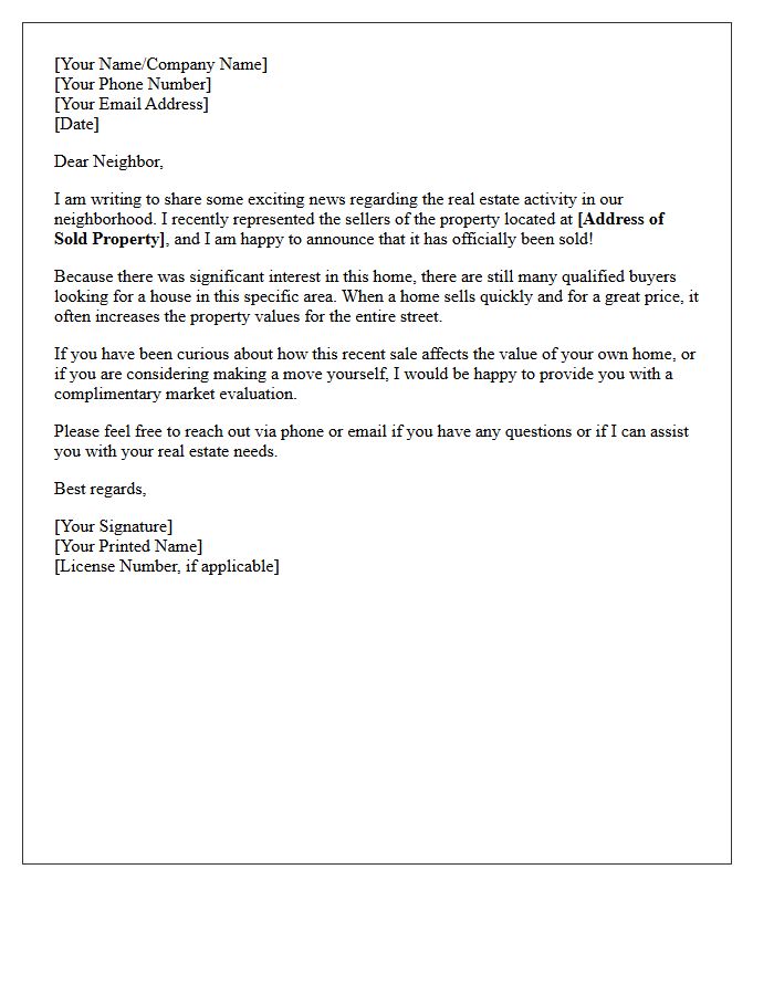Neighbor Just Sold Announcement Letter