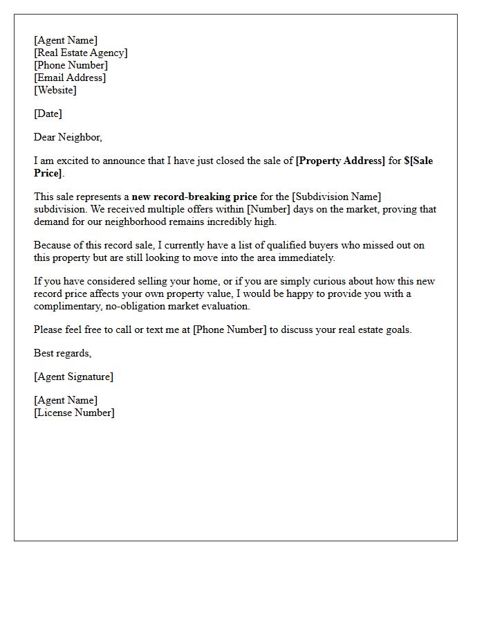 Record Breaking Subdivision Sale Letter