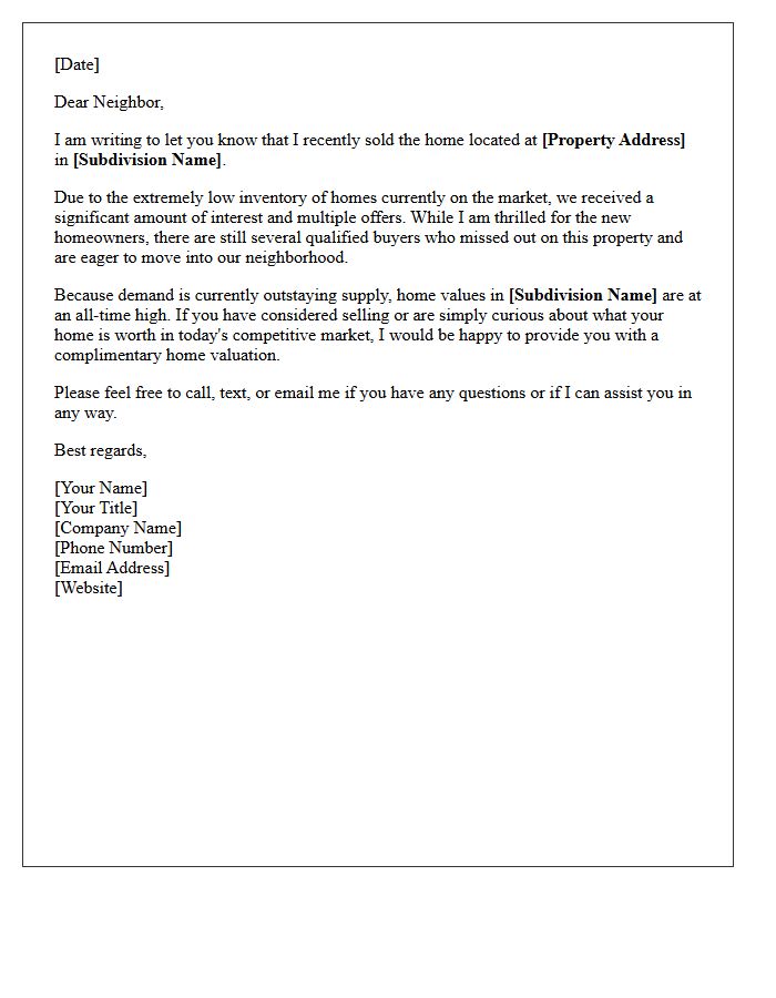 Low Inventory Just Sold Subdivision Letter