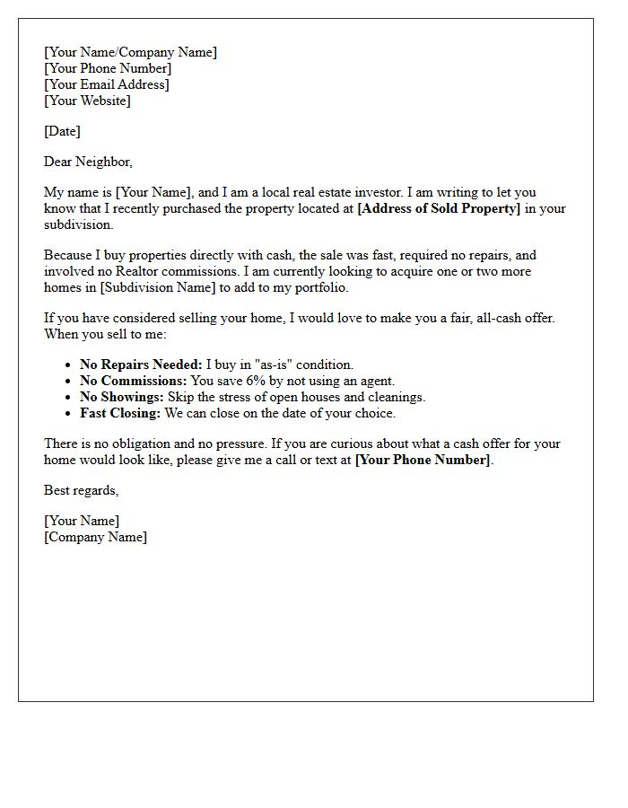 Cash Buyer Just Sold Subdivision Letter