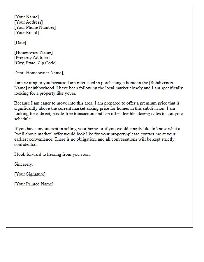 Over Asking Price Subdivision Letter