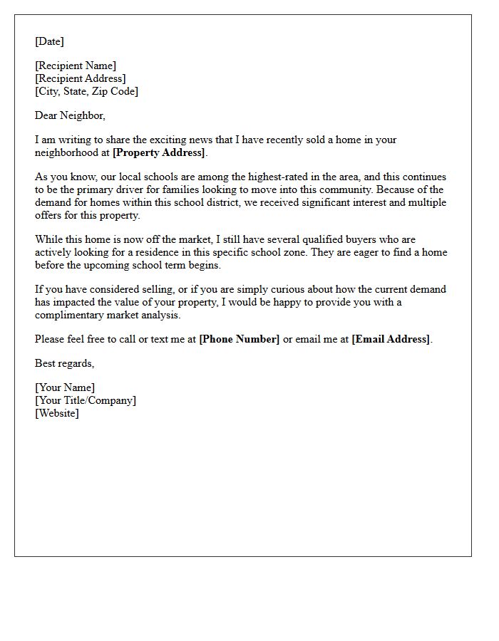 Highly Rated Schools Neighborhood Just Sold Letter