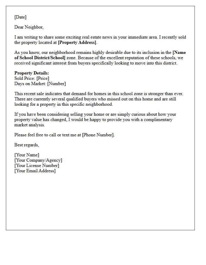 Just Sold Excellent School Zone Update Letter