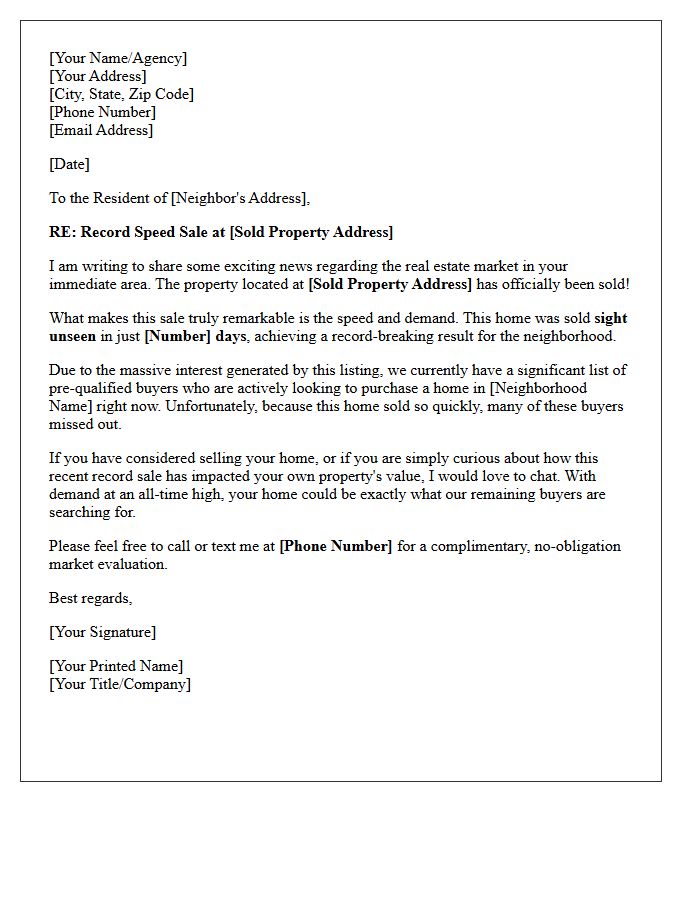 Record Speed Sight Unseen Property Sold Letter