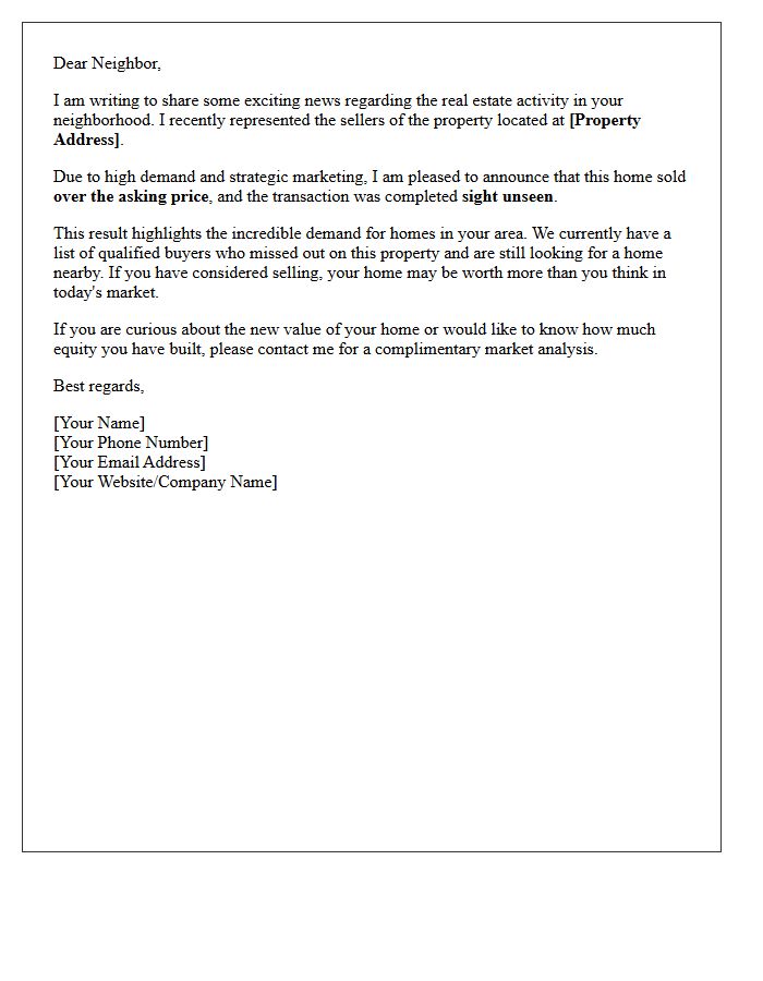 Over Asking Price Sight Unseen Just Sold Letter