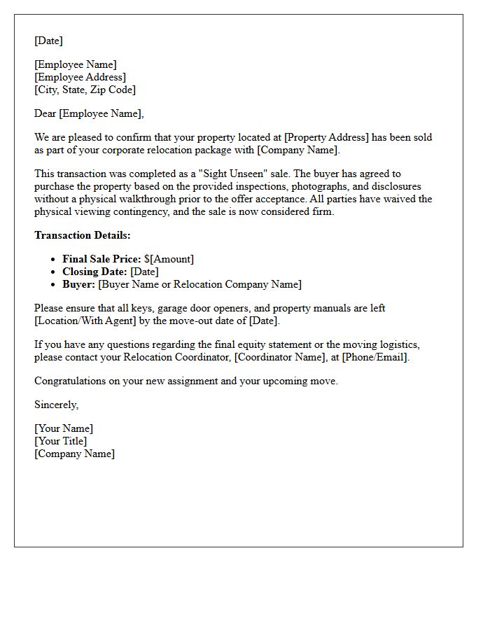Corporate Relocation Sight Unseen Sold Letter
