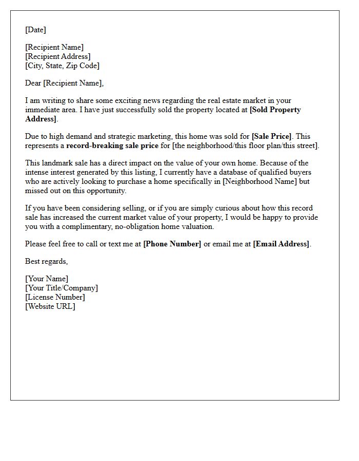 Local Market Record Price Just Sold Letter
