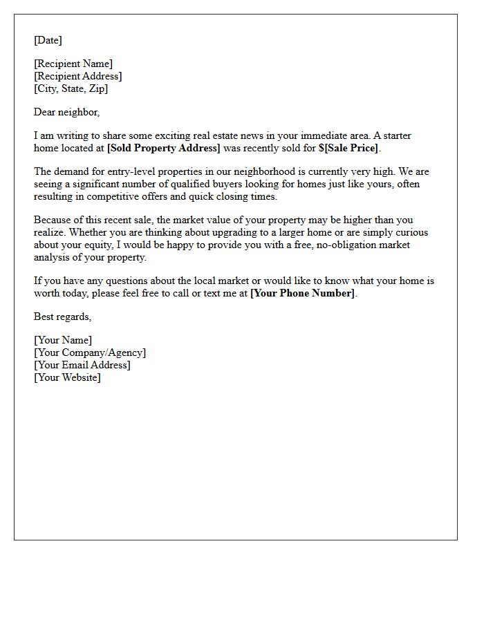 Recently Sold Nearby Starter Property Market Letter
