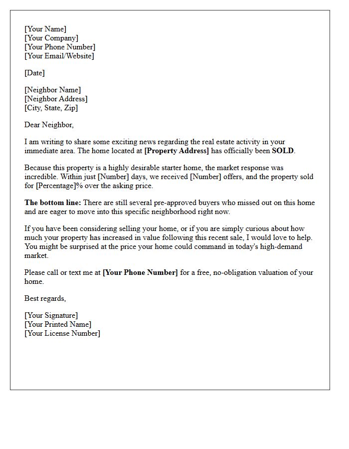 High Demand Starter Home Just Sold Prospecting Letter