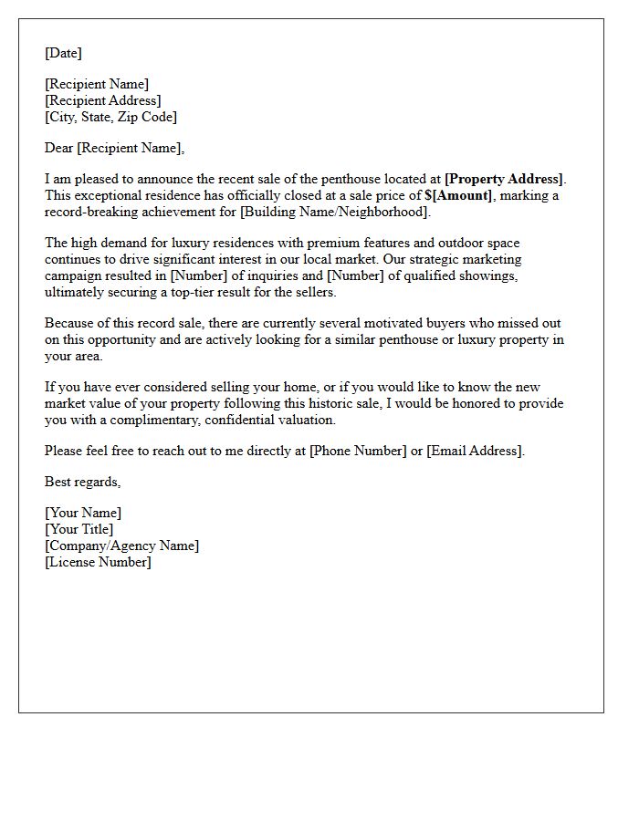 Record-Breaking Price Penthouse Sold Letter