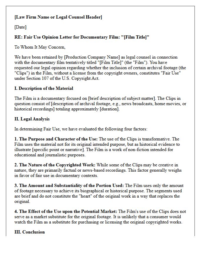 Documentary Filmmaking Archival Footage Fair Use Opinion Letter