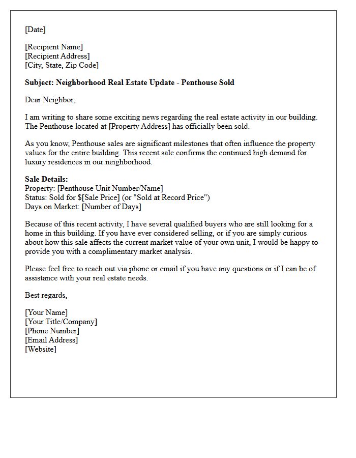 Neighborhood Update Penthouse Sold Letter
