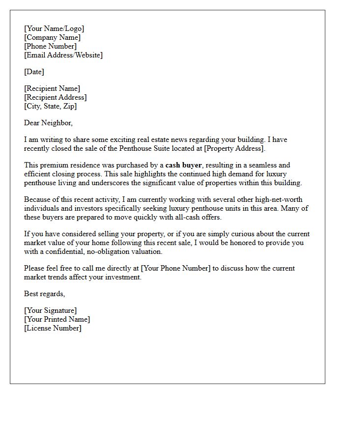 Cash Buyer Penthouse Suite Just Sold Letter